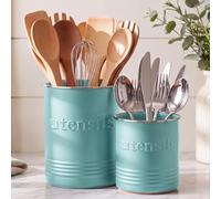 FoldTier 2 Pack Kitchen Utensil Holder for Counter 6.7"+4.7" Farmhouse Cooking Utensil Crock with Cork Bottom Modern Farmhouse Decors Countertop Storage Organizer Caddy Housewarming Gift(Turquoise)