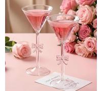 FoldTier 2 Pack Pink Bow Martini Glasses 9 oz Coquette Pink Bow Cocktail Glass Hand Blown Coquettish Wine Champagne Cup Girly Glassware Gift for Christmas Valentine's Wedding Birthday Bridal Bar Party