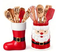 FoldTier 2 Pcs Christmas Santa Stockings Utensil Holder Crock, Ceramic 6.3" | Christmas Countertop Organizer with Drain Holes for Spatulas Spoons Santa Claus and Stockings Christmas Kitchen Decoration