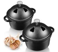 FoldTier 2 Pcs Garlic Roaster Baker Cast Iron Dutch Oven Pre-seasoned Cast Iron Pot 8 oz Mini Cocotte with Lid and Handle Small Black Potato Garlic Baker for Oven BBQ Grill Kitchen Outdoor