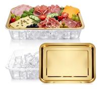 FoldTier 2 Set 14.2" Chilled Serving Trays for Parties with Compartments Stainless Steel Ice Chilled Party Platter Charcuterie Serving Board Cold Dish Dip for Fruits Veggies Shrimp Cocktail (Gold)