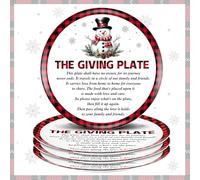 FoldTier 4 Pcs Christmas Giving Plate with Poem 10 x 10 Inch Red Buffalo Check Plaid Snowman Holiday Decorative Plate for Friendship Plates Friends and Family Sharing Love and Treats Xmas Gifts