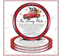 FoldTier 4 Pcs Christmas Giving Plate with Poem 10 x 10 Inch Red Buffalo Check Plaid Truck Holiday Decorative Plate for Friendship Plates Friends and Family Sharing Love and Treats Xmas Gifts