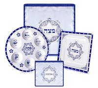 FoldTier 4 Pcs Passover Seder Plate Set Includes Round 12 Inch Renaissance Seder Plate, 8 Inch Square Matzo Tray, 3 Pocket Silk Matzo Cover, Zipper Afikoman Bag for Pesach Decoration Dinnerware