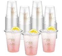 FoldTier 50 Pcs Mr and Mrs 12 oz Plastic Wedding Cups Clear Engagement Disposable Bridal Shower Drinking Cups for Home Kitchen Wedding Theme Party Favors Supplies Decoration