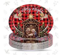 FoldTier 50 Pcs Oval Christmas Paper Plates 10" x 12" Large Nativity Disposable Dinner Plate Religious O Holy Night Holiday Party Plates with Buffalo Plaid for Christmas Dinner Family Gathering