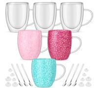 FoldTier 6 Pack Snow Globe Coffee Cups with Handle with 6 Pcs Mixing Spoon 12oz Double Walled Glass Mugs for Snow Globe Glitter DIY Gift, Clear Borosilicate Heat Resistant
