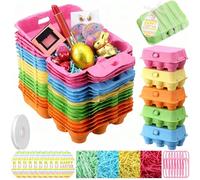 FoldTier 65 Pcs Easter Blank Colorful Gift Basket Set 20 Half Dozen Egg Cartons with 20 Paper Clips 20 Cards Raffia and Ribbons Reusable Storage Box for Easter Party Favor DIY Egg Holder Gift Basket