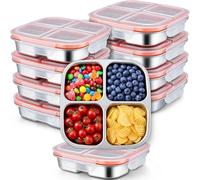 FoldTier 8 Pack Stainless Steel 4 Compartment Snack Containers with Lids, Leak-proof Lunch Box, Grab and Go Food Storage Containers Reusable Divided Meal Prep for Adults Office Travel