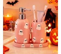 FoldTier Ghost Halloween Soap Dispenser and Toothbrush Holder Ceramics Pink Halloween Decor for Home Bathroom Kitchen Decoration