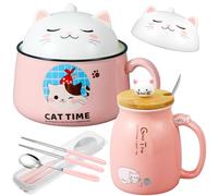 FoldTier Set of 2 Ceramic Cat Mug and Ramen Bowl with Lid 15.2 oz Microwave Cat Coffee Cup 34.5 oz Ramen Bowl with Lid Chopsticks Spoon for Christmas Birthday Gifts(Pink)