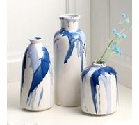 FoldTier Set of 3 Blue and White Vases: Ceramic, Decorative Ink Splash, Farmhouse Style, Round Shape, Perfect for Living Room, Kitchen, Dining Table, Mantel Shelf, Gift