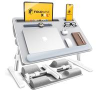 FoldWise 2-in-1 Bed Table & Lap Desk - Soft Cushions, Foldable Laptop Tray | Wrist Rest, Adjustable Height & Angle, Nonslip Leather, Tablet Holder & Stopper; All-in-One Bed Laptop Table for Sofa & Chair