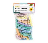 folia 2289 - Pastel Wooden Pegs - Pack of 48-3 Different Sizes and 6 Different Colours - Ideal for Attaching Notes, Pictures or Creative Work