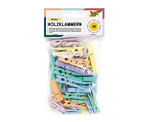 folia 2289 - Pastel Wooden Pegs - Pack of 48-3 Different Sizes and 6 Different Colours - Ideal for Attaching Notes, Pictures or Creative Work