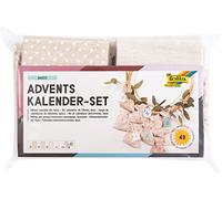 folia Advent Calendar Set, Basic with Motif Print, Approx, 24 Natural Cotton and Polyester Fabric Bags, Including Tags and Yarn, ca. 10 x 13 cm