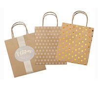 folia Xmas Brown Kraft Paper Bags Partially with Hot Foil Embossing Pack of 12 Approx. 18 x 8 x 21 cm, Assorted in 3 Designs-for Crafting, Decorating and Giving as a Gift, Colourful