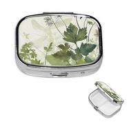 Foliage and Herbs with Dragonflies Winged Pill Case with Mirror Retro 2 Compartment Pill Box Small Pill Organizer for Purse or Pocket Decorative Metal Medicine Vitamin Organizer Unique Gifts