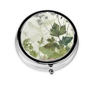 Foliage and Herbs with Dragonflies Winged Pill Case with Mirror Retro 3 Compartment Pill Box Small Pill Organizer for Purse or Pocket Decorative Metal Medicine Vitamin Organizer Unique Gifts