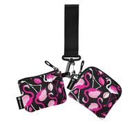 Foliage Peach Flamingos Women's Coin Purses Card Cases Compact Size Identity Card Protector with Zipper Coin Pocket for Ladies Girls 2 Pcs, Foliage Peach Flamingos, One Size