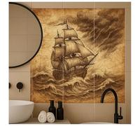 FoLIESEN Tile Stickers - Tile Picture for Bathroom, Kitchen, Bathroom - Decorative Self-Adhesive Tiles - Pirates of the Sea, Tile - Picture (W x H): 15 x 20 cm - 75 x 80 cm / 20-Piece