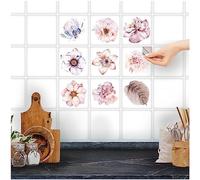 FoLIESEN - White Tile Stickers with Watercolour Flowers for Bathroom, Kitchen, Bathroom - Self-Adhesive Tile Film - 9 Adhesive Tiles, 10 x 10 cm - Glossy White
