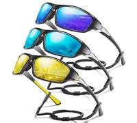 Foliful 3 Pack Polarized Sports Sunglasses for Men, Wrap Around Sunglasses UV Protection for Cycling Fishing Driving, C06-Dark Blue/Ice Blue/Yellow, 3 pack