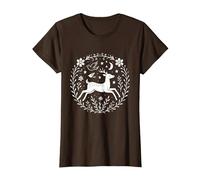 Folk Art Deer Present, Whimsical Boho Animal Nature Design T-Shirt, Women, Brown, Small