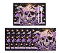 Folk Art Elements Placemats Skull And Mushrooms Non-Slip Insulation Placemats Set of 8, 30 x 45cm Washable Table Mats for Party Kitchen Dining Decoration, Purple