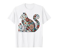 Folk Art Floral Cat Design for Cat Lovers and Boho Style T-Shirt