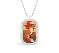Folk Art Fox Japanese Maple Leaves Rectangle Pendant Necklace Silver Women Jewelry Alloy Keychain Tag Jewelry