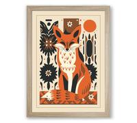 Folk Art Fox Scandinavian Framed Wall Art Print A1 (84.1×59.4cm) Oak, Wall Decor for Living Room, Bedroom, Office & Home, Ready to Hang, Art Gift