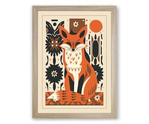 Folk Art Fox Scandinavian Framed Wall Art Print A1 (84.1×59.4cm) Oak, Wall Decor for Living Room, Bedroom, Office & Home, Ready to Hang, Art Gift