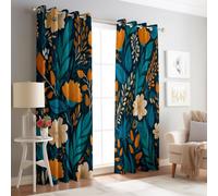 Folk Art Hand-Painted Leaves Thermal Drapes W 46" x L 90" (2 Panels), Room Darkening Curtains for French Doors and Conservatory, Blue Orange
