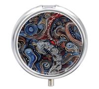 Folk Art Patterns Pill Box 3 Compartment Travel Pill Organizer 3 Times A Day Cute Mini Pill Case for Purse & Pocket Portable Metal Medicine Box with Mirror Round Daily Medicine Vitamin Container