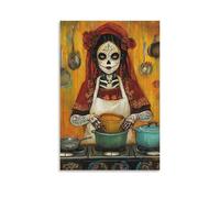 Folk Art Skeleton Cooking Poster Traditional Day of The Dead Feast Painting Poster 16x24inch(40x60cm)