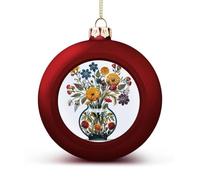 Folk Art Style Flowers Christmas Tree Ornaments 1.6 Inch Shatterproof Pc Plastic Balls with Lanyard Baubles Hanging Christmas Ball Ornaments for Xmas Tree Holiday Party Wedding Home Decorations-red