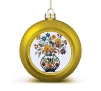 Folk Art Style Flowers Christmas Tree Ornaments 1.6 Inch Shatterproof Pc Plastic Balls with Lanyard Baubles Hanging Christmas Ball Ornaments for Xmas Tree Holiday Party Wedding Home Decorations-golden