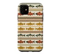 Folk Art Trout Fish Pattern Nordic Stripe Fishing Case for iPhone 11