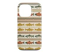 Folk Art Trout Fish Pattern Nordic Stripe Fishing Case for iPhone 13 Pro