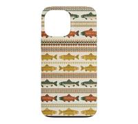 Folk Art Trout Fish Pattern Nordic Stripe Fishing Case for iPhone 13 Pro Max