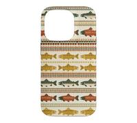 Folk Art Trout Fish Pattern Nordic Stripe Fishing Case for iPhone 14 Pro