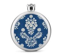 Folk Block Cream on Blue Stainless Steel Hip Flask for Liquor, Round Pocket Portable Wine Flask for Drink 5 Oz