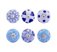 FOLK CRAFT Indian Haat Bazaar Assorted Dresser Knobs - Mix Designed Ceramic Cupboard Drawer Pulls Brass Steel Cabinet Door Handle Blue Pottery Chrome Hardware - Set of 6 Pcs - Blue