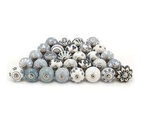 FOLK CRAFT Indian Haat Bazaar Dresser Knobs for Drawers - Set of 25 Ceramic Cabinet Pull Handle Kitchen Cupboard Wardrobe Knob Boho Room Grey and White, Grey, D 1.7 x L 2.5 Inches (DKB00004-P25)