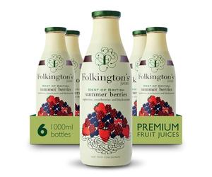 Folkington's Fruit Juice, Summer Berries, 6 Glass Bottles, Raspberries Strawberries Blackcurrants, Bulk Pack 1 Litre - Pack of 6