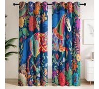 Folklore Flowers, Geometric Shapes, Animal Motifs Blackout Curtains Window Drapes in Scandi Folk Art, Retro Classic Nordic, Adjustable Thermal Insulated Noise Reducing Curtains for Secondary Bedroom
