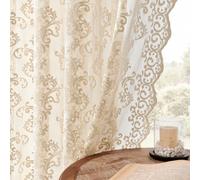 FOLKSIDE 2 Pack Beige Lace Curtains Victorian Floral Pattern Coffee Kitchen Light Filtering Semi-Transparent Paisley Pattern for Small Window Privacy 52W x 45L Inch