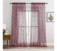 FOLKSIDE Burgundy Lace Curtains 84 Inches Long 2 Panels - Modern Romantic Maroon for Bedroom Living Room, Rod Pocket Light Filtering Sheer French Drapes, Wine Floral Rose Decor, 52x84