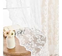 FOLKSIDE Lace Curtains 2 Pack Paisley Curtains for Living Room Bedroom Vintage Victorian Drawstring Light Filtering French Window Decoration 52x63 Inch White